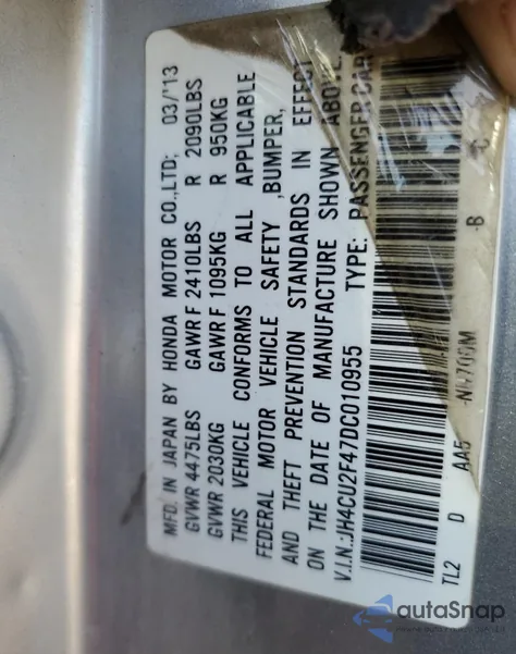 2013 Acura Tsx из США, поврежденный, VIN JH4CU2F47DC010955